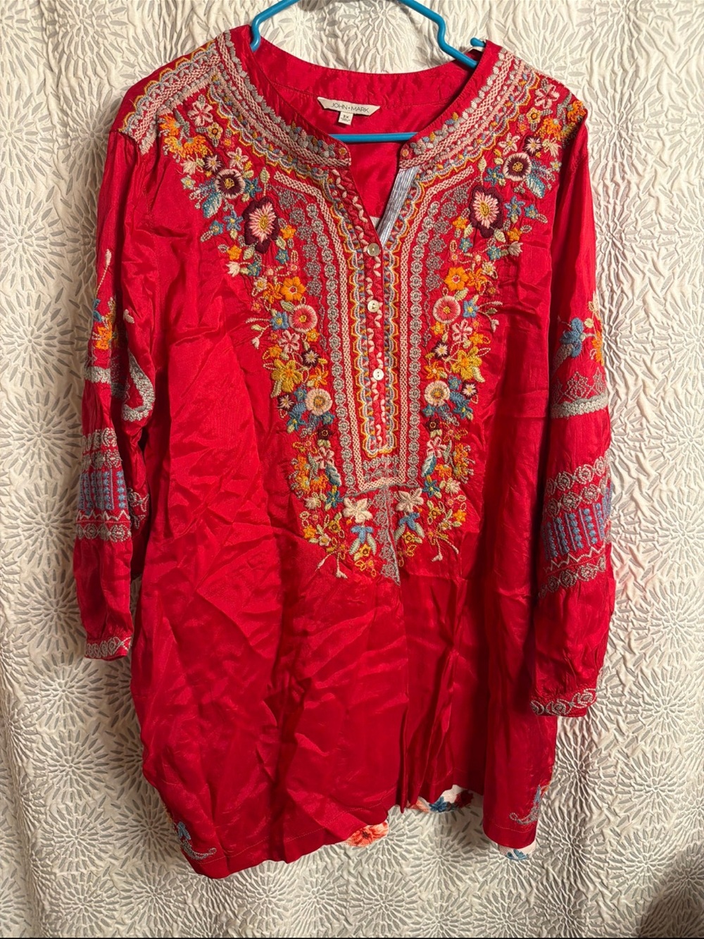 John Mark Red Embroidered Boho Tunic